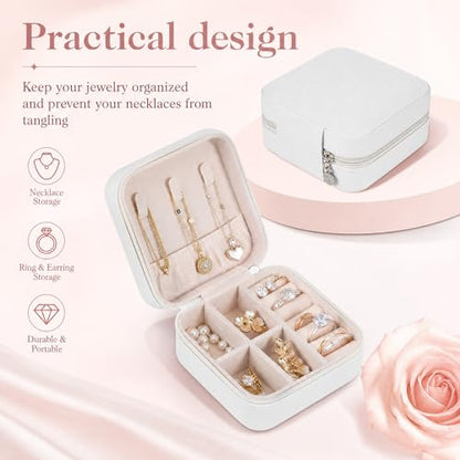16 Pcs Mini Travel Jewelry Case, PU Leather Jewelry Box Organizer, Small Portable Earring Storage Box for Women, White
