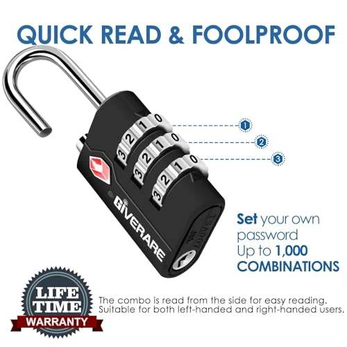 2 Pack TSA Approved Travel Luggage Locks, Suitcase Combination Lock, Keyless 3-Digit Zipper Padlocks, TSA Accepted Compatible Padlock for Gym Locker, Golf Bag Case, Backpack-Black