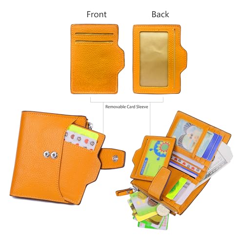 Women's RFID Blocking Leather Small Compact Bi-fold Zipper Pocket Wallet Card Case Purse with id Window - color: Lichee Yellow