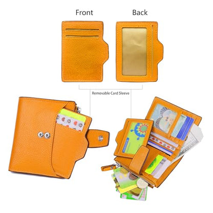 Women's RFID Blocking Leather Small Compact Bi-fold Zipper Pocket Wallet Card Case Purse with id Window - color: Lichee Yellow