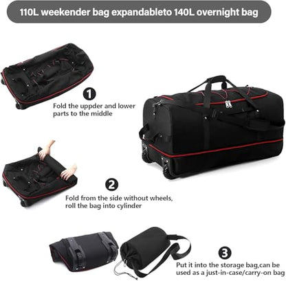 Rolling Duffle Bag with Wheels,110L/140L Expandable Soft-Sided Foldable Duffle Bag with 2 Rubber Wheels,Packable 32” Rolling Carry-On with Pockets & Compartments（Black red） - color: black red