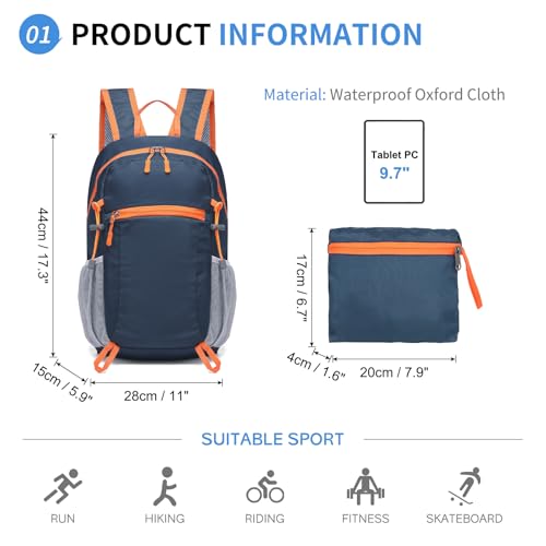 20L Small Hiking Backpack for Women Men Packable Daypack Dark Blue - color: Dark Blue, size: 20L