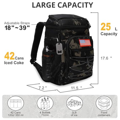 25L Insulated Cooler Backpack Water-Resistant Molle Cooler Bag for Camping - color: Black Camo
