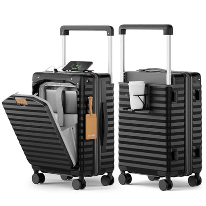 Joyway 20 Inch Carry on Luggage with Front Pocket and Cup Holder, Black - color: Black