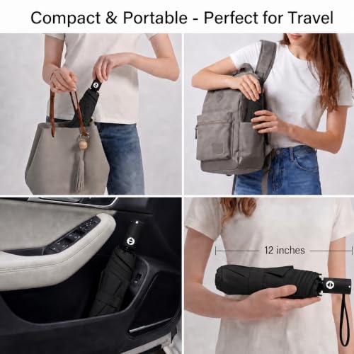 BAODINI Compact Travel Umbrella Small Windproof Auto Open Close for UV Sun Protection UPF 50+ and Rain Fits Backpack Purse & Suitcase - color: Black