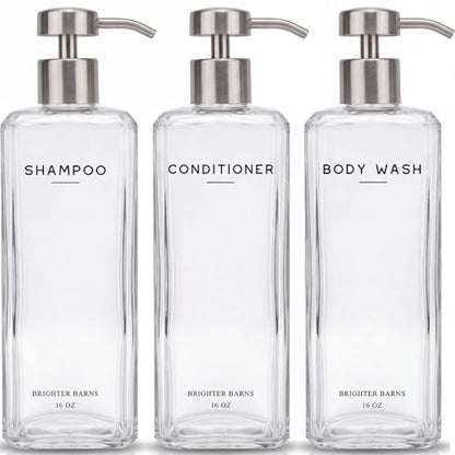 Clear Shampoo and Conditioner Dispenser Set by Brighter Barns - 16oz Shampoo Dispenser for Shower - Refillable Shower Soap Bottle in Minimalist Bathroom, Hotel, Guest House, Spa, Gifts (Clear/Silver) - color: Clear/Silver