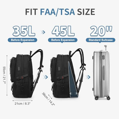 Travel Backpack with Shoe Compartment 45L TSA Carry on Fits 18.4" - color: Expandable Black