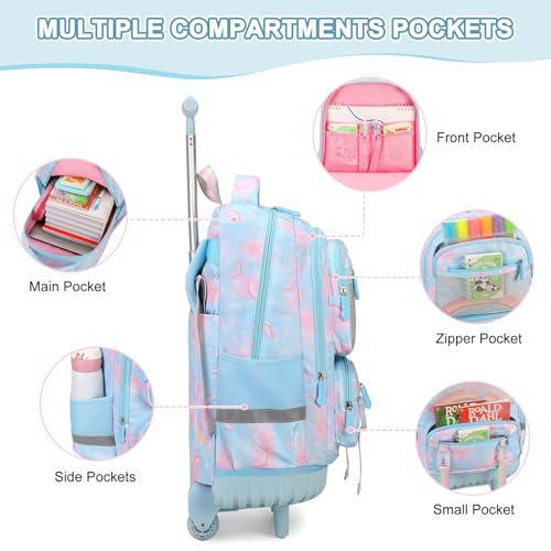 3PCS Rainbow Butterfly Rolling Backpack for Girls with Lunch Box (Blue) - color: Blue