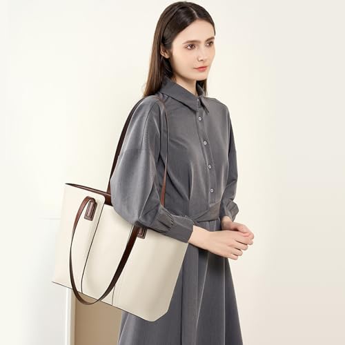 MFFOR Genuine Leather Tote Bag for Women, Large Shoulder Handbags - color: Beige