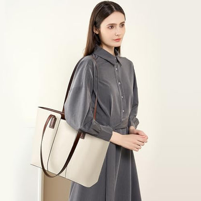 MFFOR Genuine Leather Tote Bag for Women, Large Shoulder Handbags - color: Beige