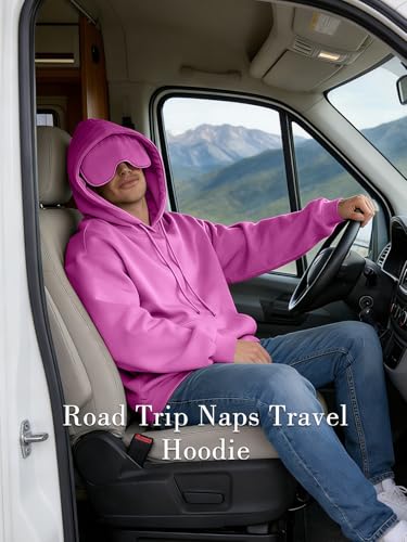 SeSe Code Travel Hoodie with Eye Mask Sleep Unisex Oversized Sweatshirt for Airplane, Road Trip Naps Fleece Couples Hoodies - color: Pink, size: Medium