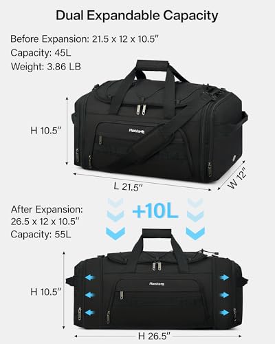Hanke Duffle Bag for Travel, Dual Expandable 45L-55L Weekender Bags, Black - color: Black