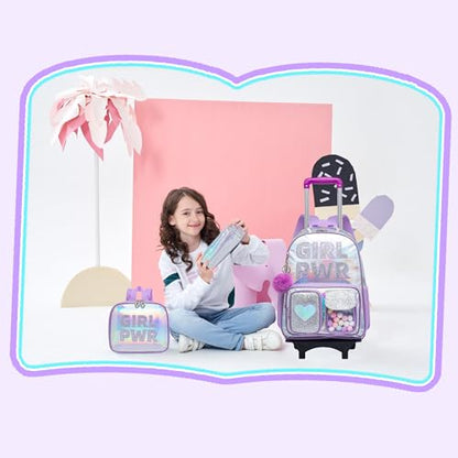 HTgroce Rolling Backpack with Wheel,School Backpack for Kids Girl Roller Schoolbag Wheeled Backpacks Set Carry-on Luggage,Purple - color: Purple Gpwr