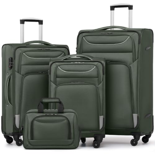 Coolife Softshell Luggage, TSA Lock, Spinner Wheels, 4-Piece Set with Tote - color: dark green
