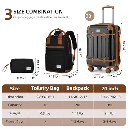 LARVENDER 수하물 세트 확장 가능한 빈티지 수하물 세트, 블랙., 클래식 - color: 블랙., size: 3 piece set(BP/TB/20)