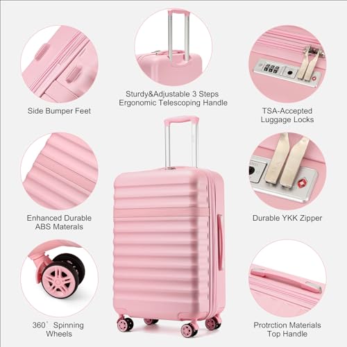 Kono 3-Piece Luggage Set 20/24/28in Expandable Hardside TSA Lock Pink - color: Pink, size: 3-piece set (20/24/28)
