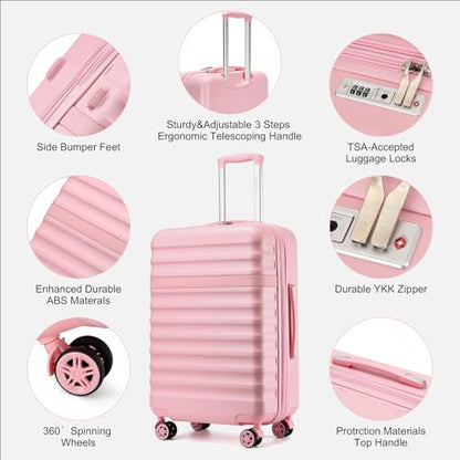 Kono 3-Piece Luggage Set 20/24/28in Expandable Hardside TSA Lock Pink - color: Pink, size: 3-piece set (20/24/28)