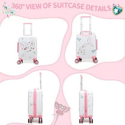 Kids Luggage Sets 2 Piece Pink Rolling Suitcases for Girls with Wheel Shardshell 16" Travel Suitcase with 10 Sheets Gem Stickers - color: A Pink