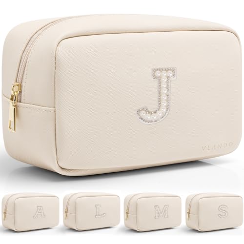 VLANDO Makeup Travel Case with Pearl Monogram Patch,Beige j - color: 03-White-J