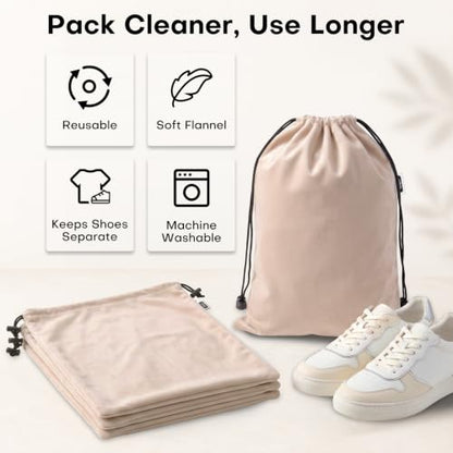 4 Pack Flannel Cloth Shoe Bags for Travel & Packing for Women & Men - color: Camel Beige