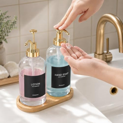 Kitchen Soap Dispenser Set of 2, 16.9 oz Glass, Gold Stainless Steel Pump - color: Dm2648-gold