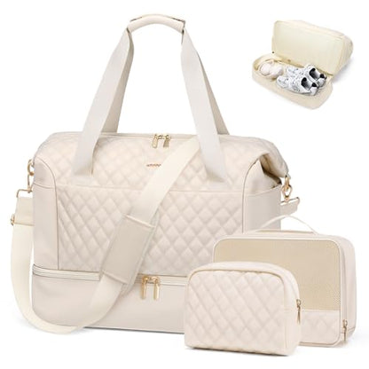 MDODO 3 Pcs Travel Duffel Bag for Women, Carry On Overnight Bag, 43L, Beige - color: Beige