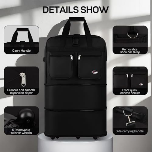 36'' Expandable Rolling Duffel Bag Suitcases w/Wheels,Foldable Luggage Bag - color: Black, size: 36"