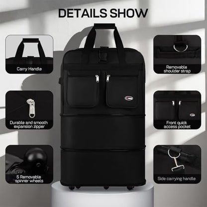 36'' Expandable Rolling Duffel Bag Suitcases w/Wheels,Foldable Luggage Bag - color: Black, size: 36"