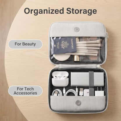 Double Detachable Cosmetic Organizer Bag, Portable Travel Pouches for Beauty and Tech Accessories, Water Resistant Makeup Case for Women, White