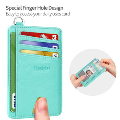 Slim Minimalist Front Pocket Wallet, RFID Blocking Credit Card Holder Wallet with Integrated D-Shackle for Men Women - color: Glossy Llight Turquoise