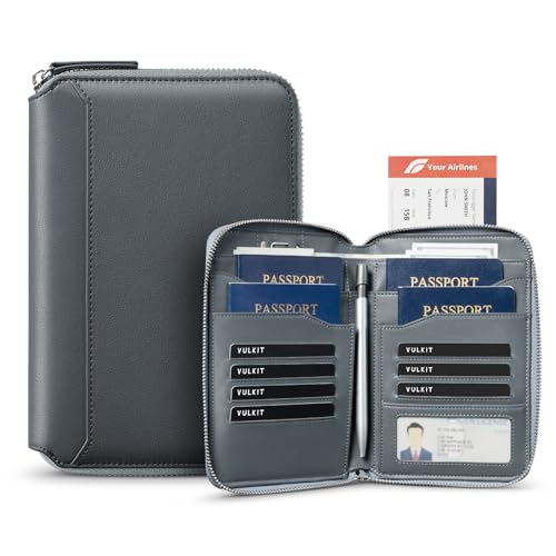 VULKIT Leather Passport Holder for 4-8 Passports Family RFID Blocking Passport Wallet with Zipper Travel Documents Organizer for Men or Women (Navy) - color: Navy