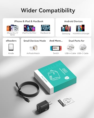 INIU USB C Charger Block, 30W GaN Fast Charging with Smart Phone Protection - color: Black, size: 1 Pack + 1 Cable