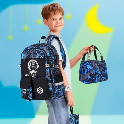 Scothen Boys Backpack, Cool Luminous Kids School Backpacks with Lunch Bag - color: Blue Musicer