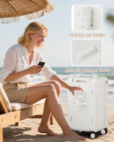 Joyway 22 Inch Carry On Luggage with Spinner Wheels and Cup Holder, White - color: Beige, size: 22 inch