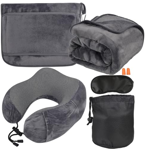 Travel Blanket and Pillow Set - Neck Pillow Airplane Essentials, Dark Grey - color: Dark Grey