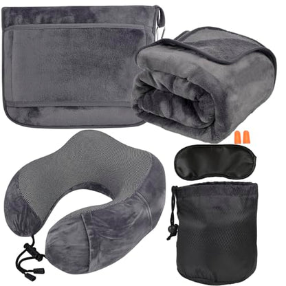 Travel Blanket and Pillow Set - Neck Pillow Airplane Essentials, Dark Grey - color: Dark Grey