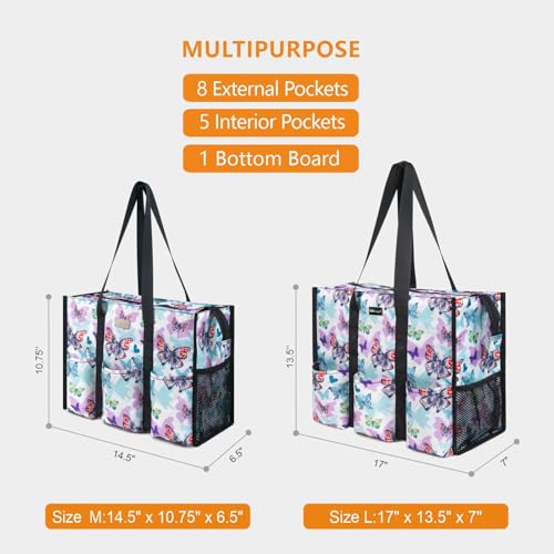 TOPDesign Utility Water Resistant Tote Bag with 13 Pockets, Zipper Closure - color: Butterfly, size: Medium
