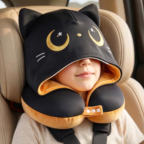 Mewaii Kids Travel Neck Pillow, Airplane Pillow with Cat Ear Hood, Orange - color: Orange