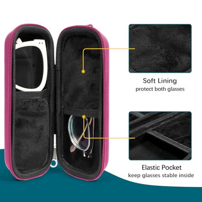 Double Eyeglasses Case for Dual Sunglasses, Hard Shell with Zipper - color: Hot Pink