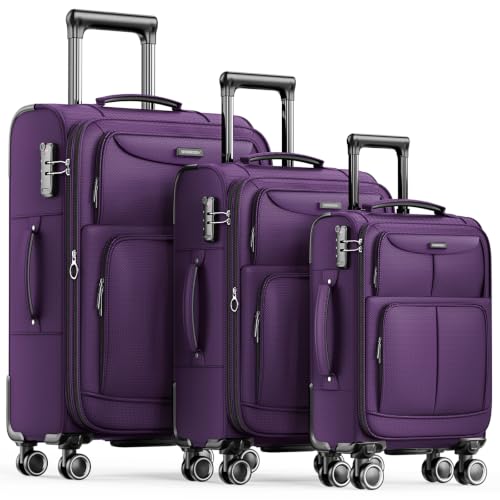 SHOWKOO Luggage Sets 3 Piece Softside Expandable Durable Suitcase Sets - color: Purple