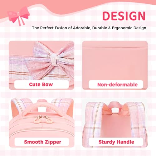 Kids Backpack for Girls, Cute Plaid Large Capacity Bookbag for Students Teens Preppy Aesthetic Kawaii Bow Elementary Primary Middle School Book Bag 6-8 8-10 10-12 (Pink) - color: Pink