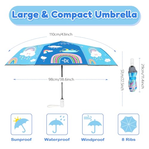 Autoamtic Kids Umbrella UV Resistant, Folding Compact Umbrella 360° Reflective Strip for Travel Outdoor, Lightweight Cute Kids Parasol Anti-rebound Safe for Toddler - color: Rainbow