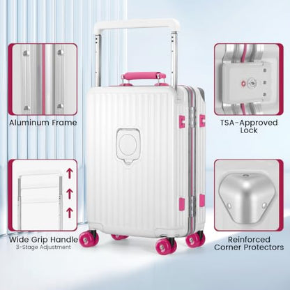 Xtaeptos 20 Inch Zipperless Carry On Luggage with Aluminum Frame Hardside - color: White + Pink