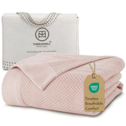 Threadmill Luxury 100% Cotton King Herringbone Blanket, English Rose - color: English Rose, size: King (106" x 92")