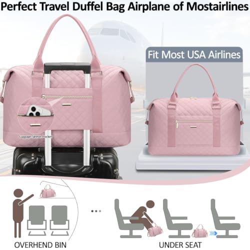 Tenot Quilted Duffle Bag for Women Travel Tote Bag with Luggage Sleeve - color: Pink, size: Large