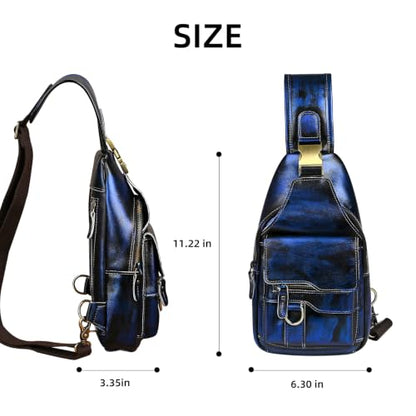 Genuine Leather Hiking Travel DayPack Sling Crossbody Triangle Chest Pack Bag For Men Women 8241 (D-8241 Blue) - color: D-8241 Blue