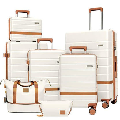 7 Piece Luggage Set for Family Travel, Lightweight Hardshell PC+ABS Suitcases set, Suitcase with 8 Smooth Spinner Wheels, TSA Lock, YKK Zippers(Beige) - color: Beige, size: 7 piece set (14"/18"/20"/24"/28")