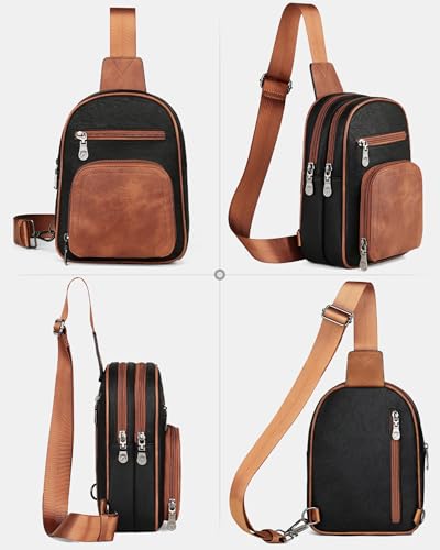 FADEON Sling Bags for Women Crossbody Bag, Designer PU Leather Sling Purse - color: Retro Black With Brown, size: Small