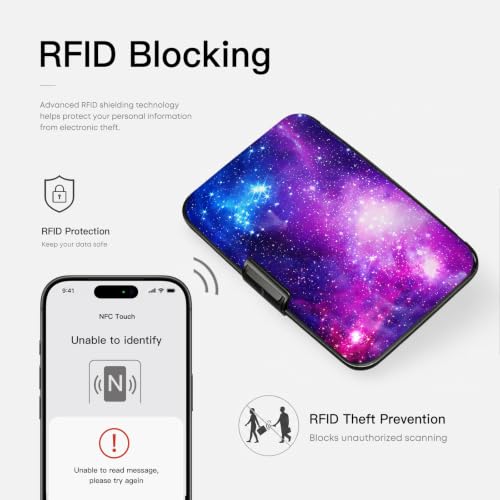Credit Card Holder RFID Aluminum card case Wallet purple starry mini Wallet - color: Cosmic Galaxy