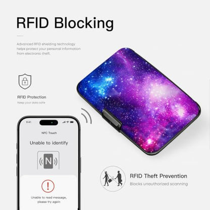 Credit Card Holder RFID Aluminum card case Wallet purple starry mini Wallet - color: Cosmic Galaxy